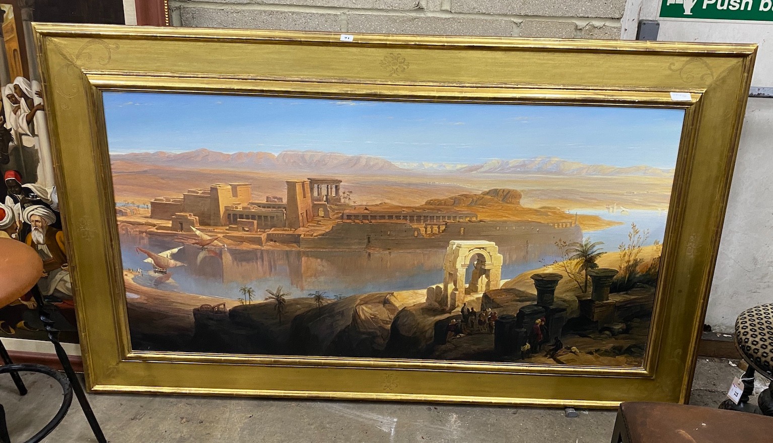 A large oil on canvas, Egyptian landscape, canvas width 152cm, height 76cm
